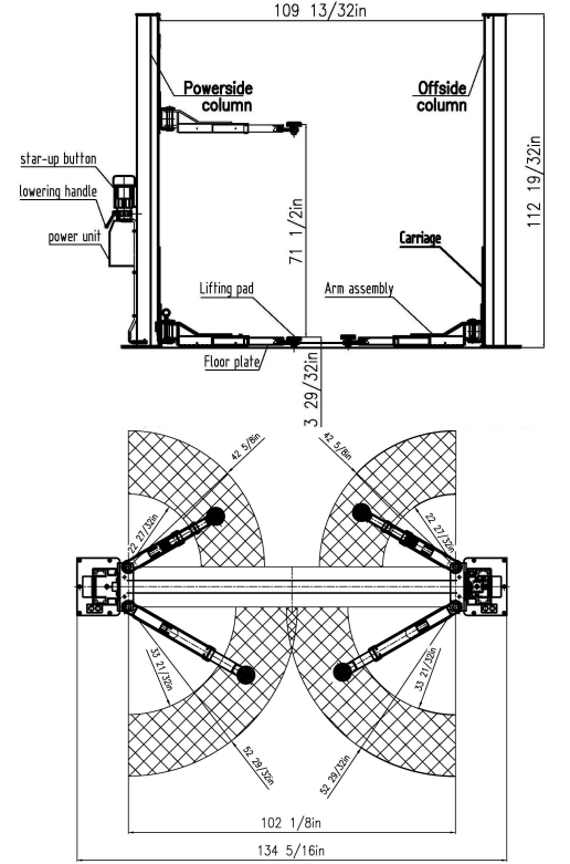 apluslift_2-post_floor_plate_car_lift_hw-10kbp-asymmetrical_arm_diagram.png