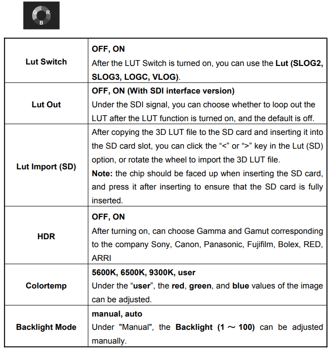 Feelworld Touch Screen Monitor LUT7-US-Menu Function Instruction-G
