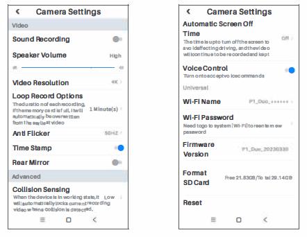 Smart Wifi Dash Cam P1DUO-Settings