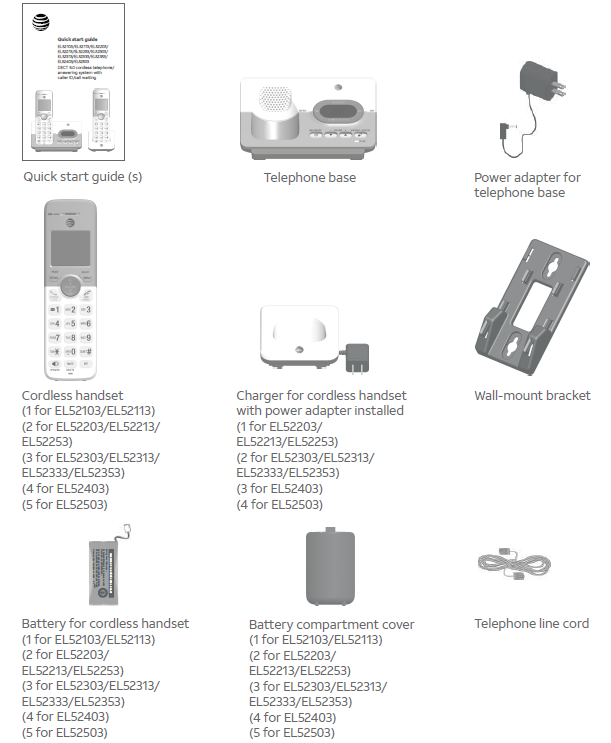 AT&T DECT 6.0 Cordless Telephone EL52213-pakage list