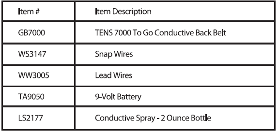 TENS 7000 To Go Back Pain Relief DT6070-part table