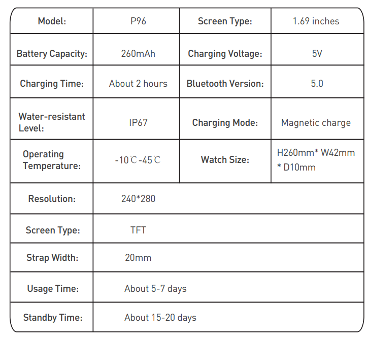 p96 Smart Watch Fitness Tracker-SPECIFICATION