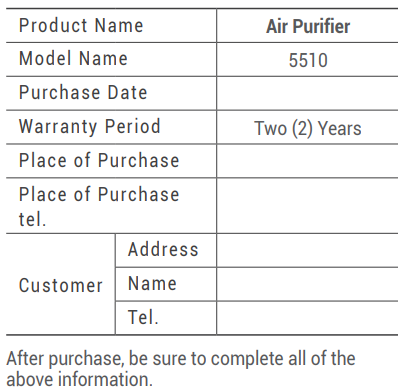 Winix Air Purifier 5510-warranty