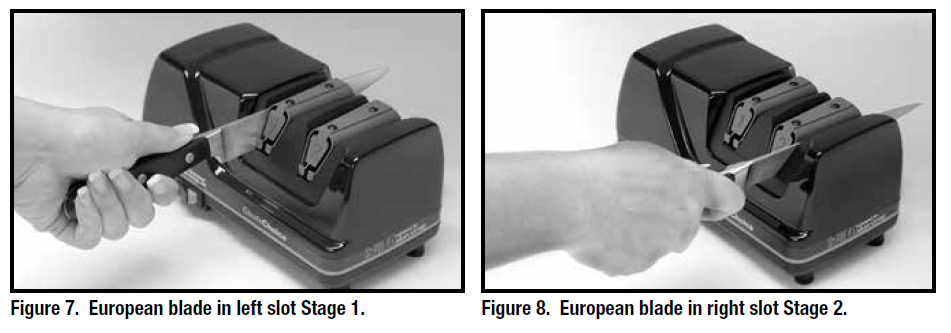 a. 	Make about 5 to 7 pairs of pulls through Stage 2 (Figure 8), alternating each pull in the left and right slots (about 3 seconds for each pull on a 5 inch [12 cm] long blade.) b. 	Then make 4 pairs of fast pulls alternating through the left and right slots. (1 second for each pull for a 5 inch [12 cm] blade.) c. 	Check the blade for sharpness. For a sharper edge make a few more pairs of fast pulls as in step b and check for sharpness.