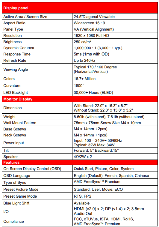 Sceptre C25 LED Monitor-spec