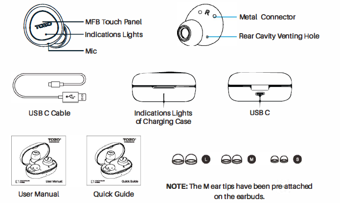 Tozo E1 True Wireless Stereo Earbuds-Product diagrammatic sketch