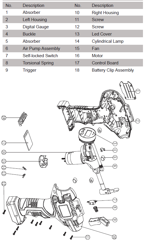 Avid Power Automatic Cordless Tire Inflator ACAP115D-PARTS LIST
