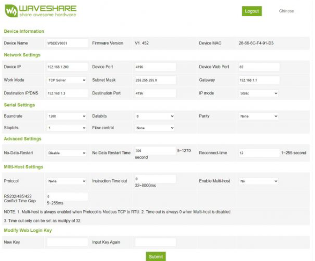 Waveshare 2-CH RS485 TO ETH (B)-WEB Configuration B