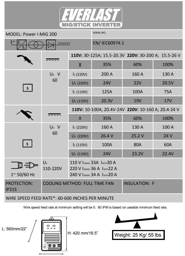 Everlast Power i-MIG 200 CC,CV MIG,Stick Welder-Specifications