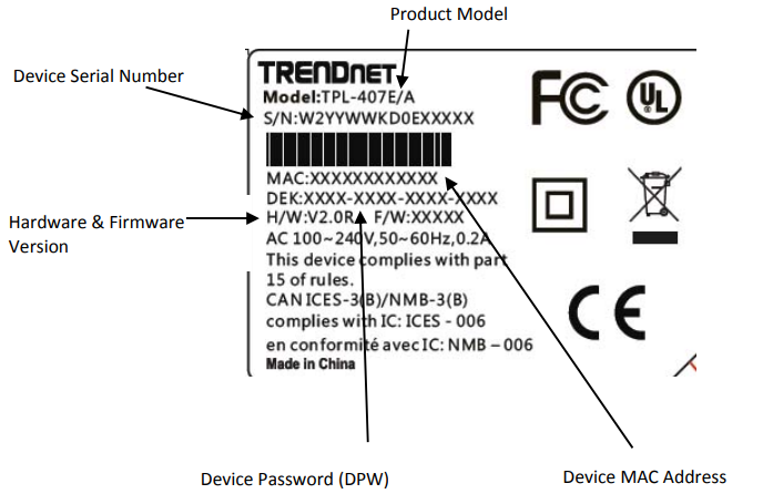 Trendnet Powerline 500 AV Adapter Kit TPL-407E-Device Label