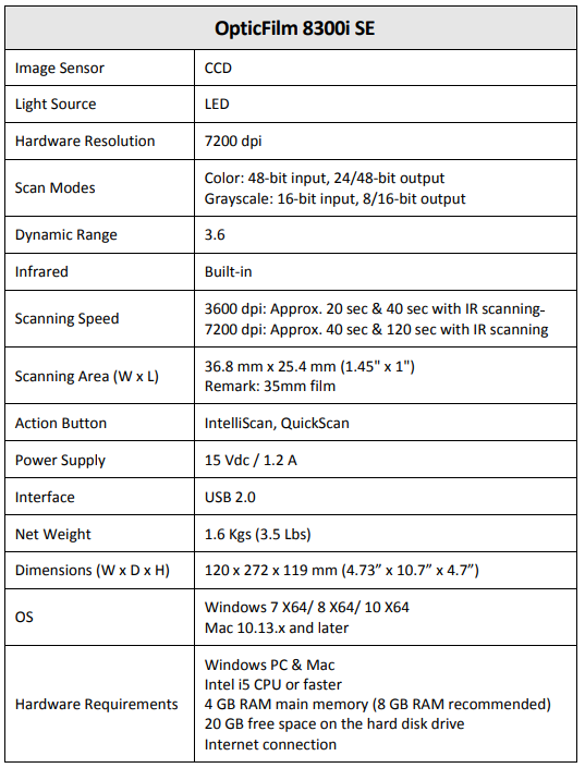 Plustek OpticFlim 8300i Scanner-Specifications B