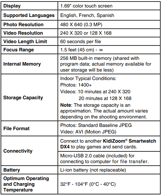 vtech Kidizoom Smart Watch DX4-spec