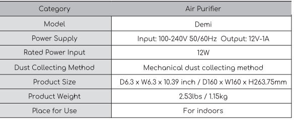 Afloia Air Purifier Demi-Product Specifications