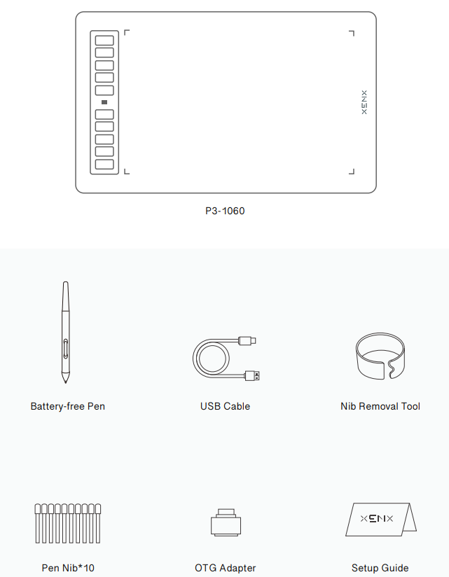 Xenx P3-1060 Graphics Tablet-Packaging content