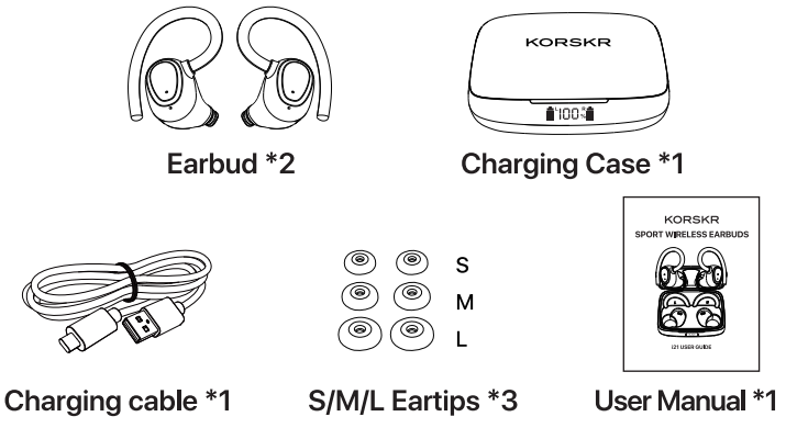Korskr I21 Sport Wireless Earbuds-PACKING LIST