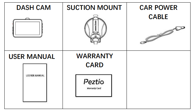 Peztio Dash Cam 1080P High Definition Wide Angle Lens-PACKAGE CONTENT