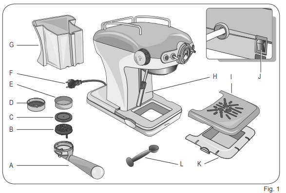 PRELIMINARY PHASES FOR USE Starting the appliance Check that the domestic mains voltage is the same as the voltage indicated on the label of the device. Then place the machine on a flat surface. Wash the tank when used for the first time and fill it with cool tap water (MAX 1 litre), and then carefully push it into its seat (Fig. 3). The suction tube must be inside the tank. First start-up After filling the tank with cool tap water, plug it into the electrical outlet, which must be equipped with grounding unit. Switch on the machine by pressing the button (J) Fig. 1. The light (R) will turn on to indicate that the machine is on. If you are starting the machine for the first time or after a period of time during which it has not been used, it is recommended that at least one cup of water be allowed to pass through the boiler's hydraulic circuit.